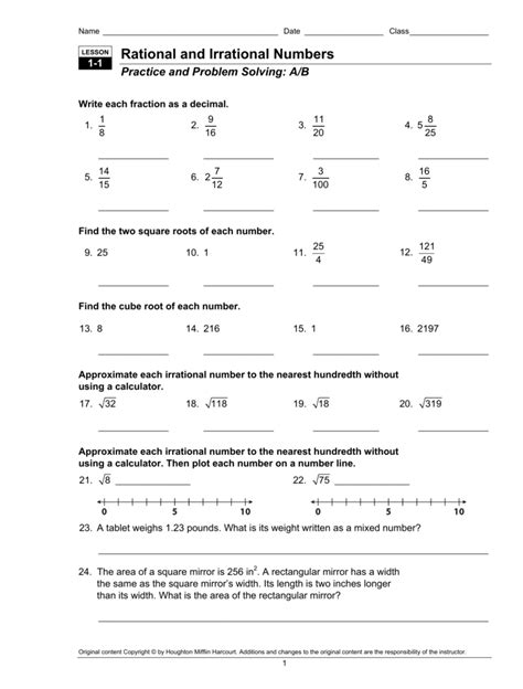 rational/irrational numbers worksheet answer key